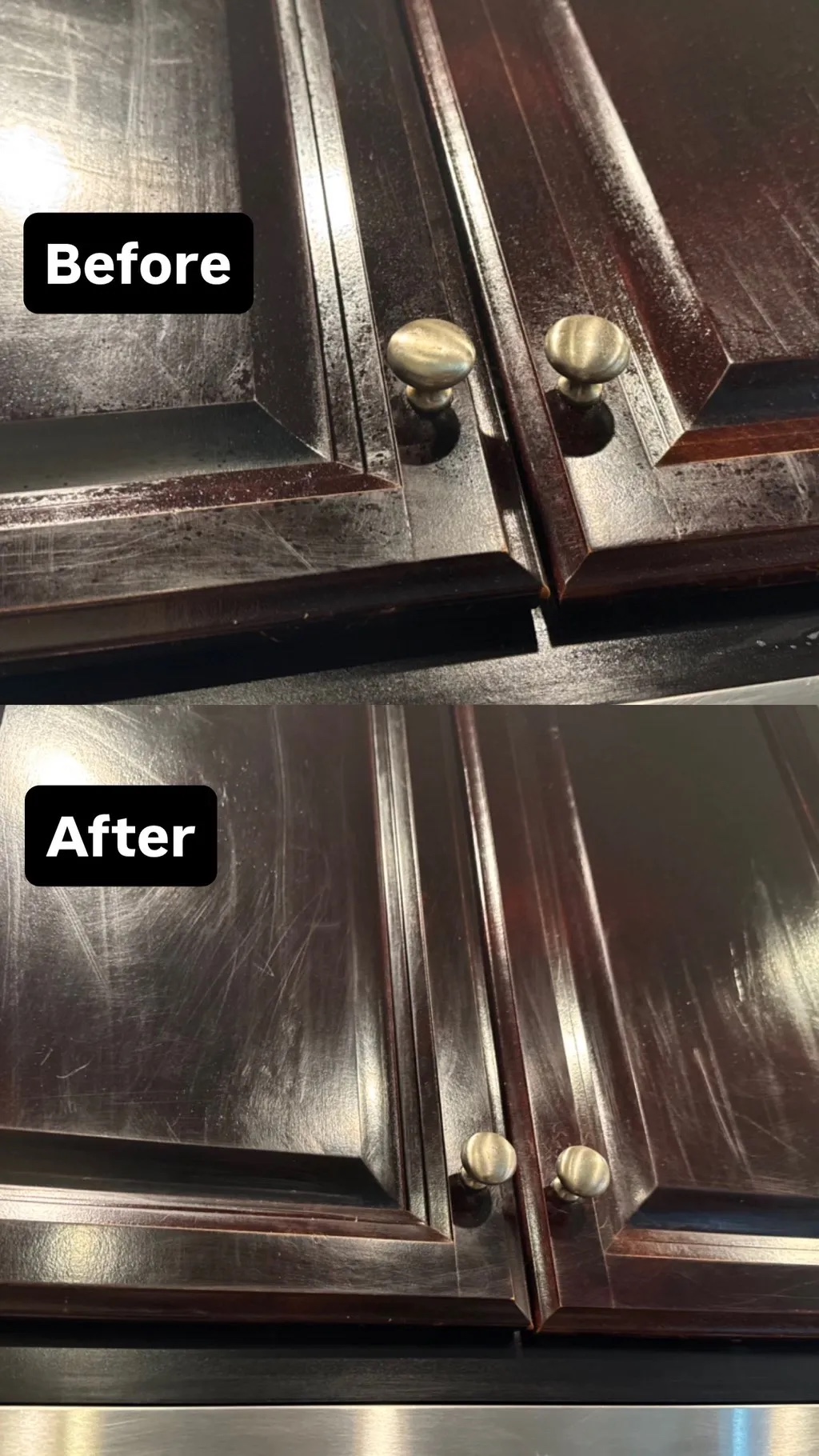 Before and after wiping down stained mahogany kitchen cabinet doors