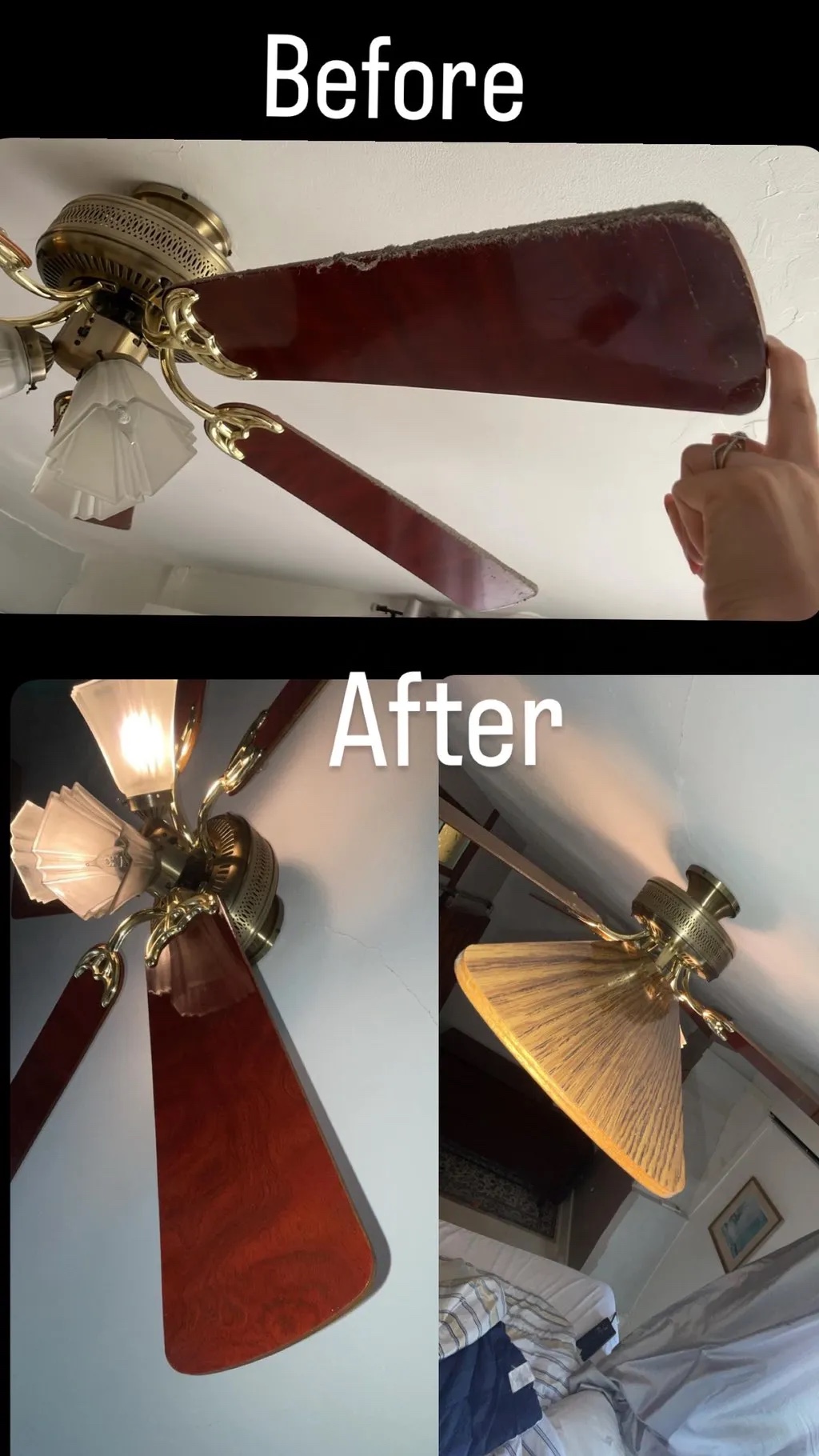 Before and after dusting and detailing a ceiling fan with light kit