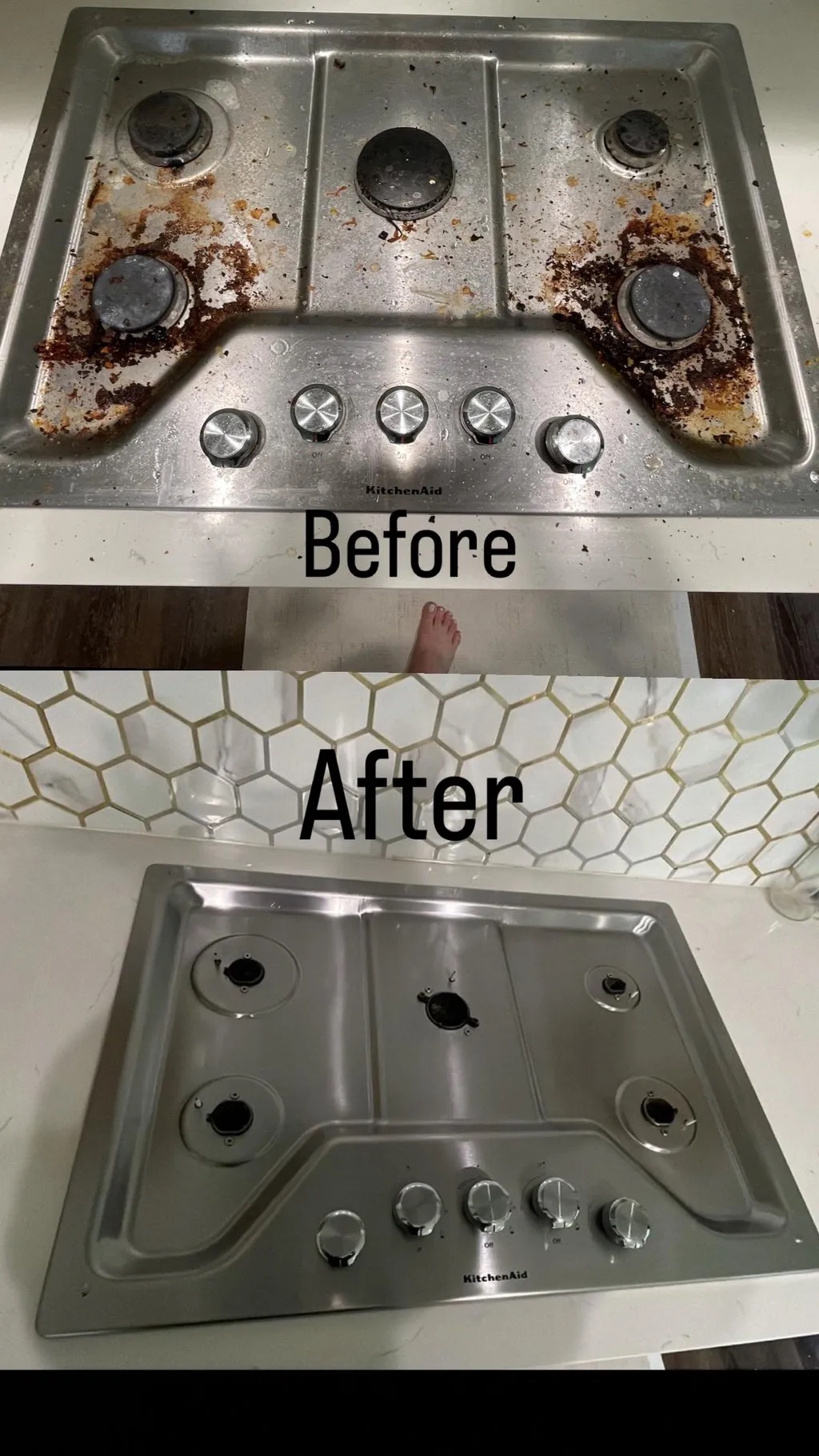 Before and after deep cleaning a KitchenAid stainless gas cooktop