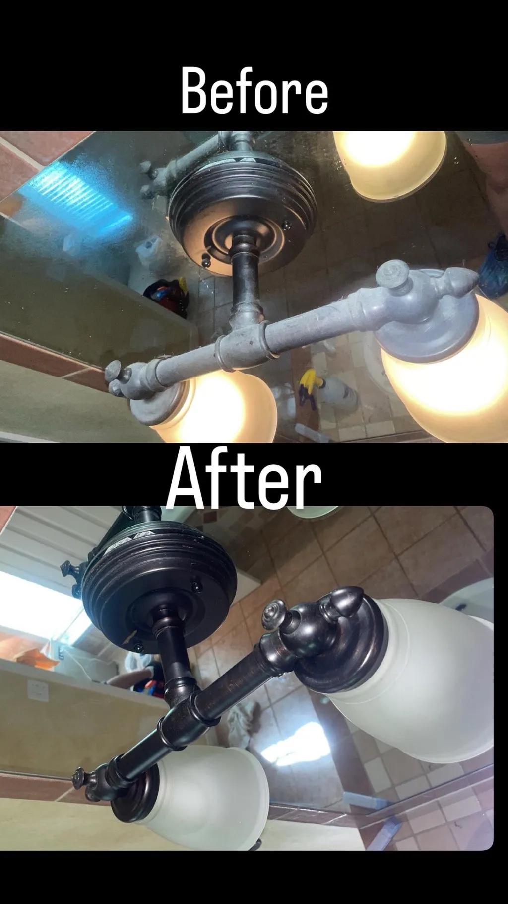 Before and after polishing a tarnished pipe-style bathroom light fixture