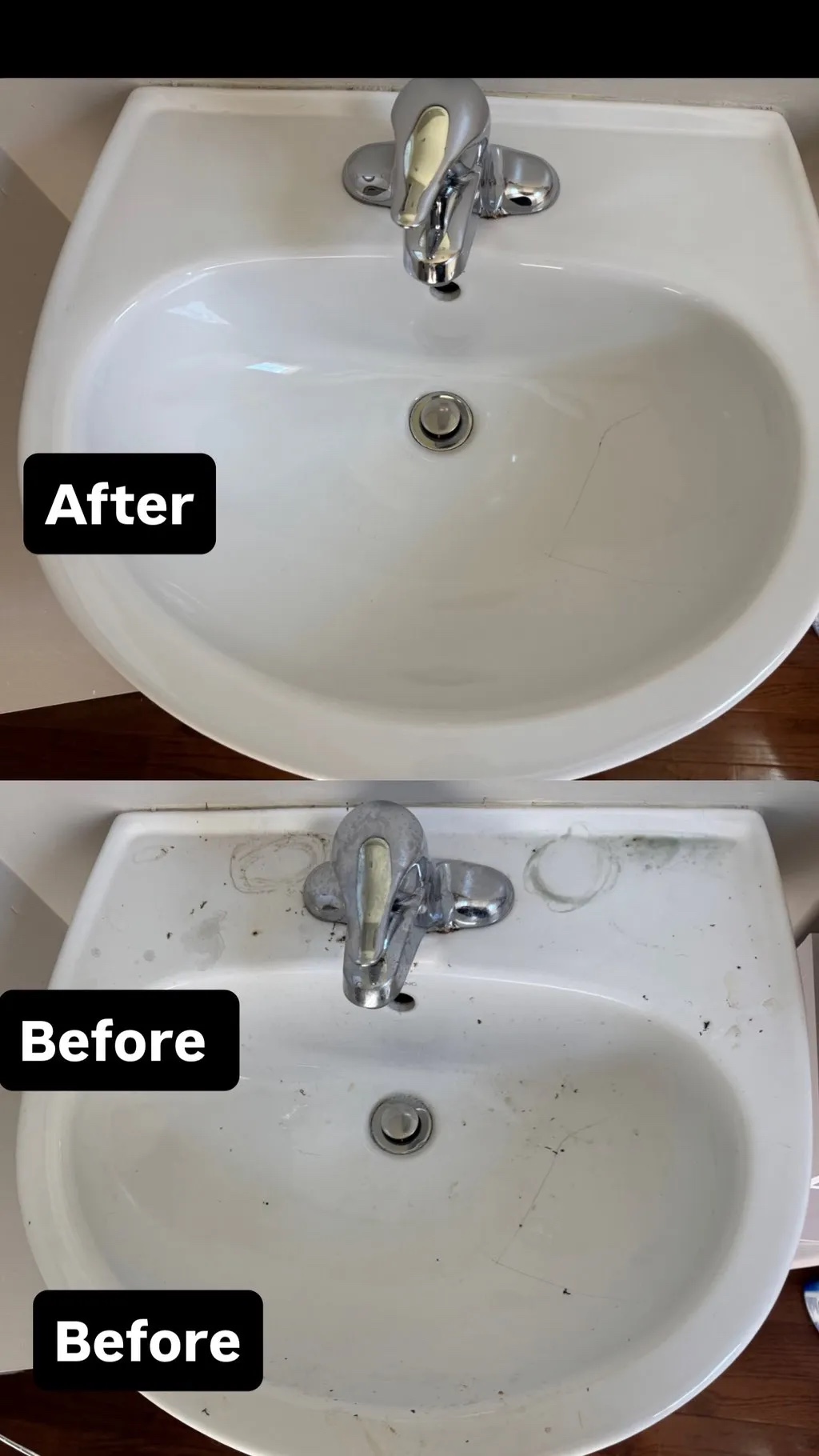 Before and after detail cleaning a bathroom pedestal sink and faucet
