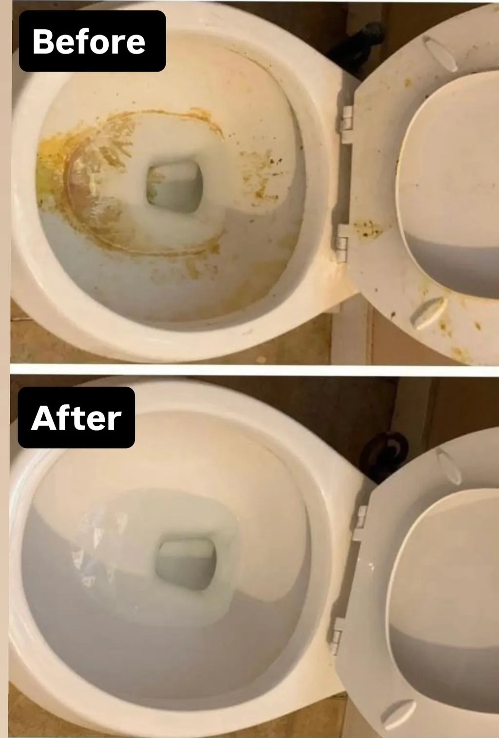 Before and after deep cleaning a toilet bowl and seat