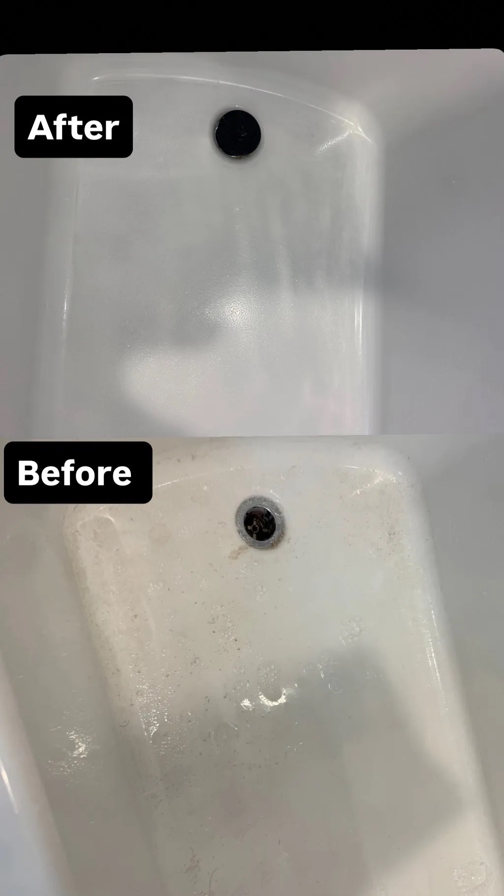 Before and after deep cleaning a stained bathtub interior