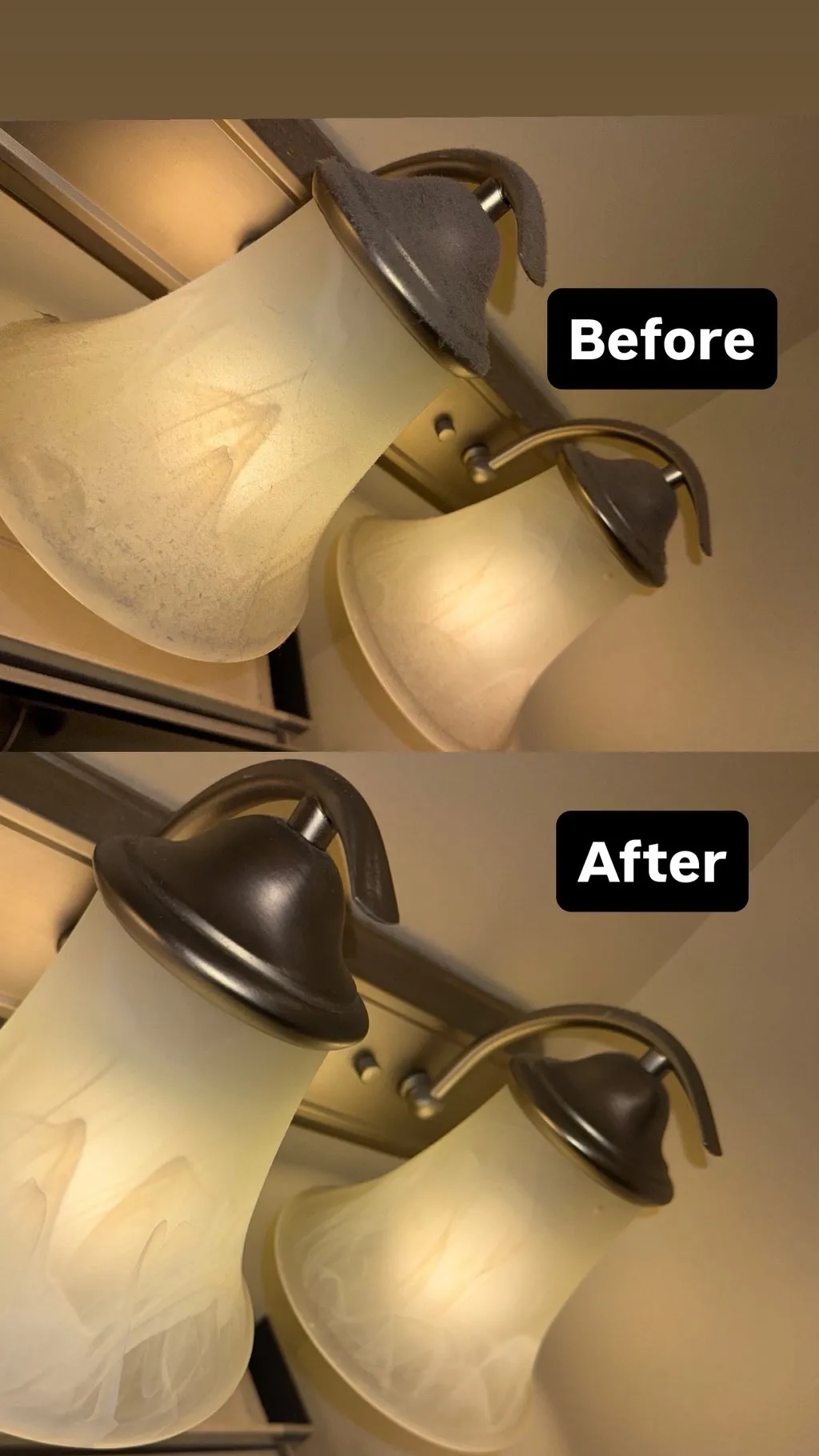 Before and after detail cleaning a bathroom vanity light fixture